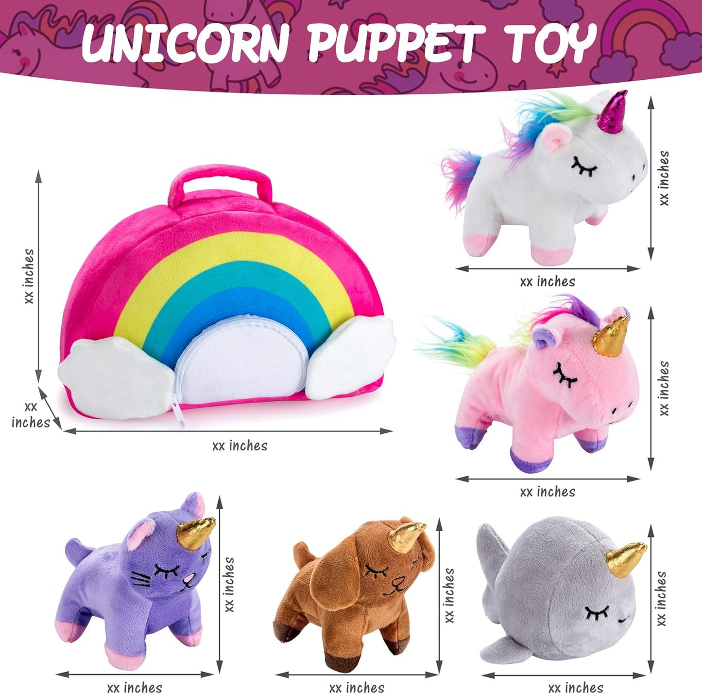 5pack Unicorn Animal Stuffed Toy Set